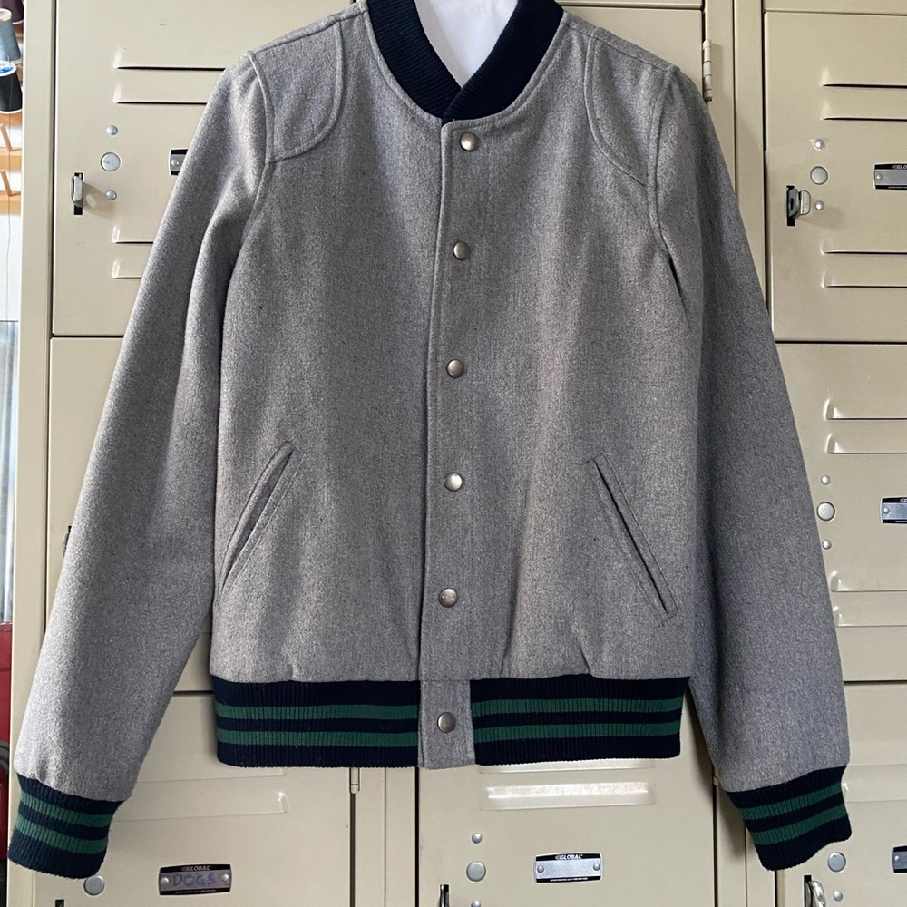 BDG Heather Gray Bomber Jacket with Dark Stripes